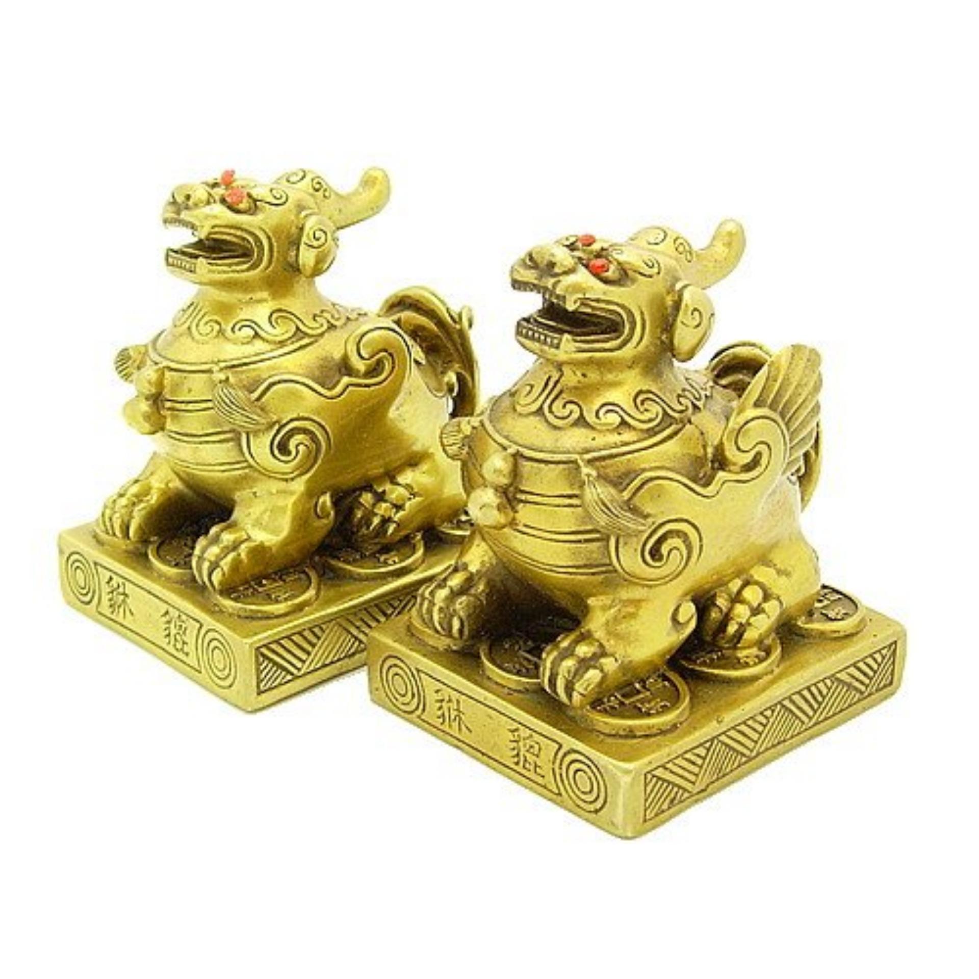 Tượng Đôi Tỳ (Kỳ) Hưu bé bằng đồng thau nặng 800 g cao 7.5 cm - Phong thuỷ Tài lộc – May mắn – Thuận Lợi