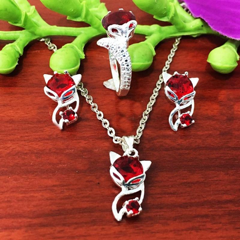 Bộ trang sức hồ ly bạc 925 cao cấp trang sức Bạc QTJ - bts40b - bộ trang sức hồ ly đá đỏ mệnh thủy - mệnh kim (bạc)