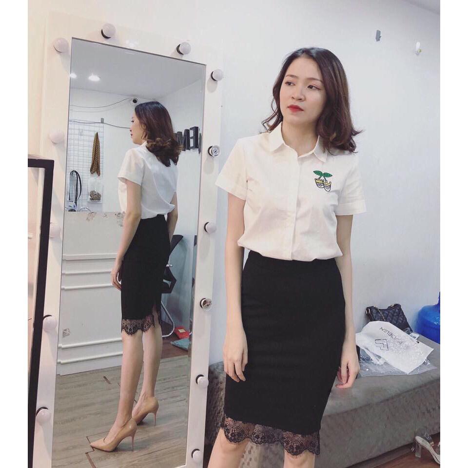 Chân váy bút chì phối ren công sở