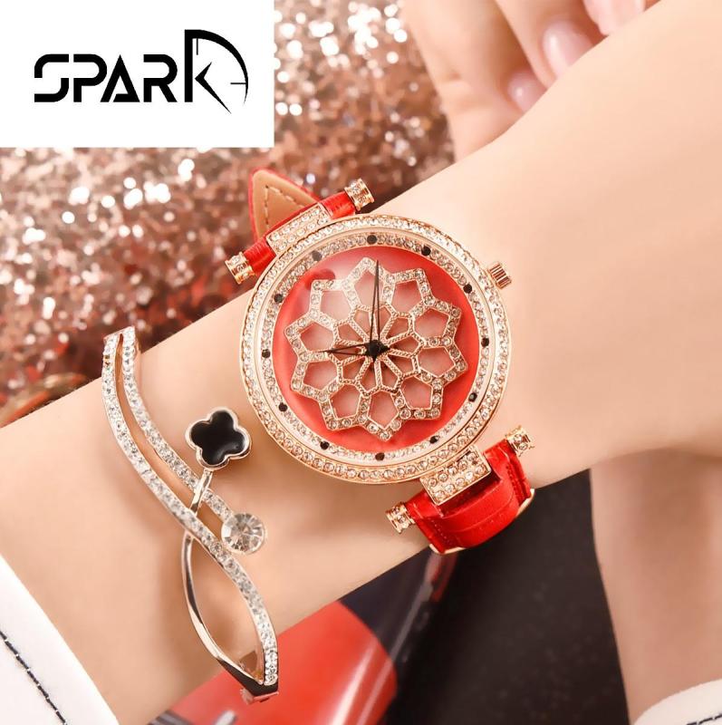 Nơi bán Đồng hồ nữ Menots dây da mặt hoa đính đá xoay 360 độ độc đáo tinh tế + Tặng hộp đồng hồ sang trọng + Pin