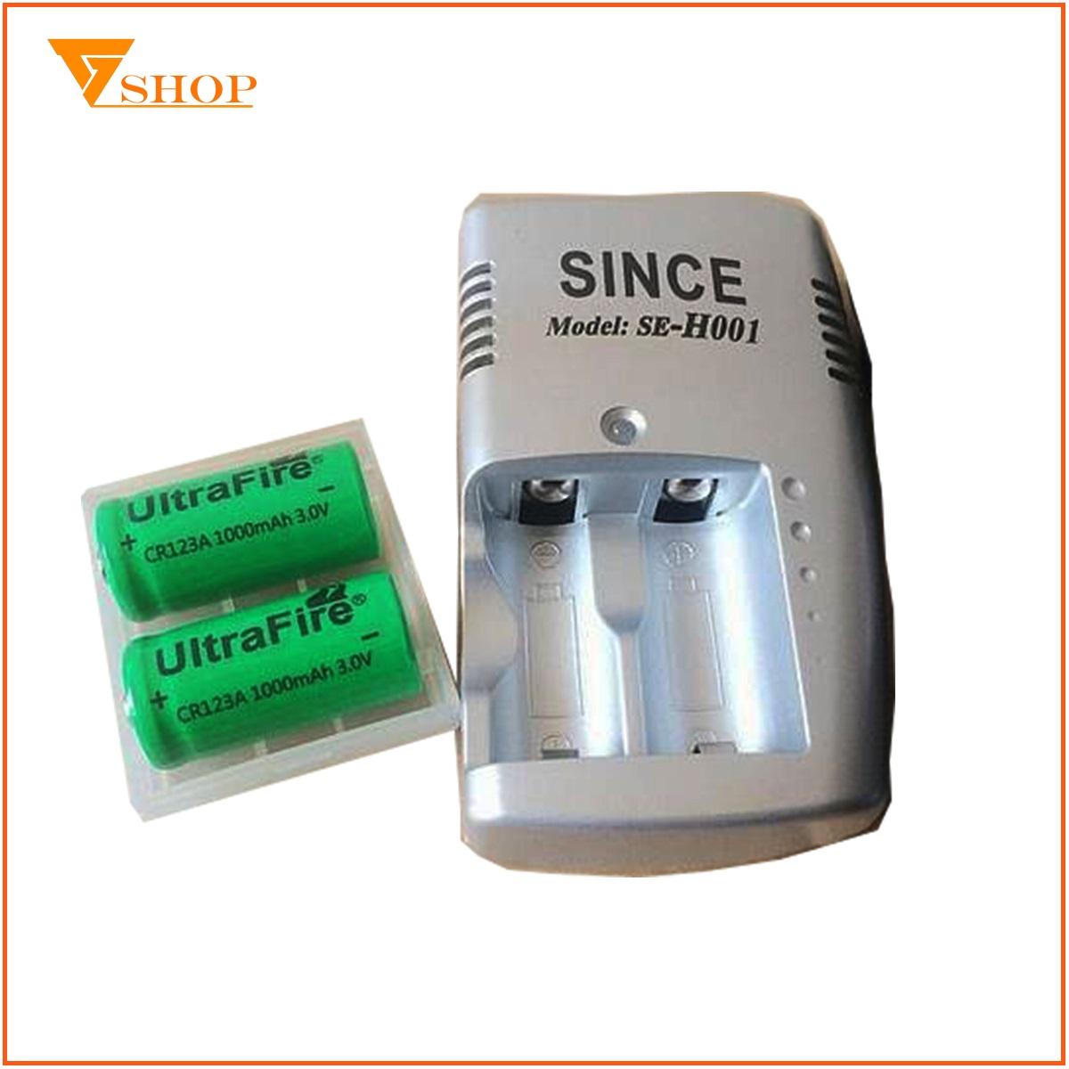 1 máy sạc pin cr123a kèm 2 viên pin sạc cr123a ultra fire 3v, pin sạc cr123a máy ảnh