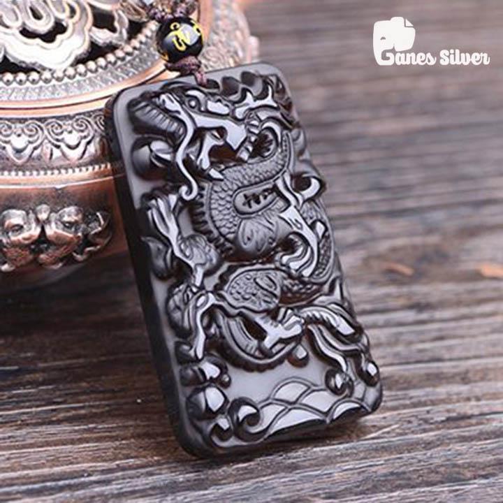 Mặt Dây Chuyền Rồng Cuộn Chất Liệu Đá Obsidian Cao Cấp - Thương Hiệu Ganes Silver