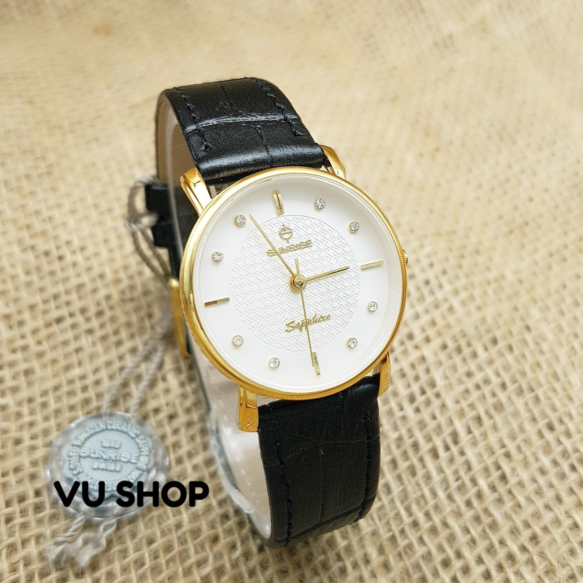 Đồng hồ nữ sunrise dm693 kính sapphires - dây da đen