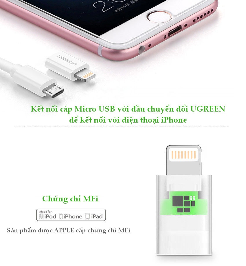 Đầu chuyển đổi Micro USB sang Lightning MFI UGREEN US258 /US164 Đầu chuyển đổi Micro USB sang Lightning MFI UGREEN US258 /US164