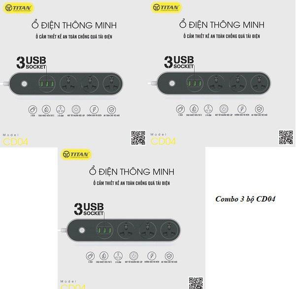 Ổ cấm điện thông minh 3 usb sạc nhanh 3.4a titan cd04