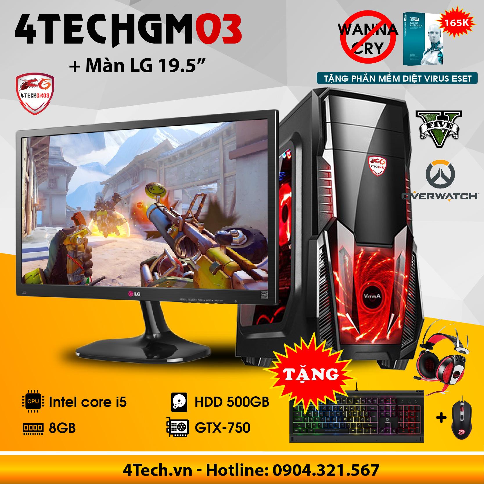 Máy tính chơi Game 4TechGM03 core i5, ram 8GB, hdd 500G, vga GTX750 + màn hình LG 19.5 inch (chuyên GTA, Overwatch) - Tặng phím chuột Gamers DareU & Tai nghe Gaming 7.1 GS510.
