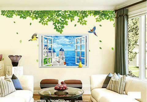 Decal dán tường tán lá xanh kết hợp khung cửa sổ