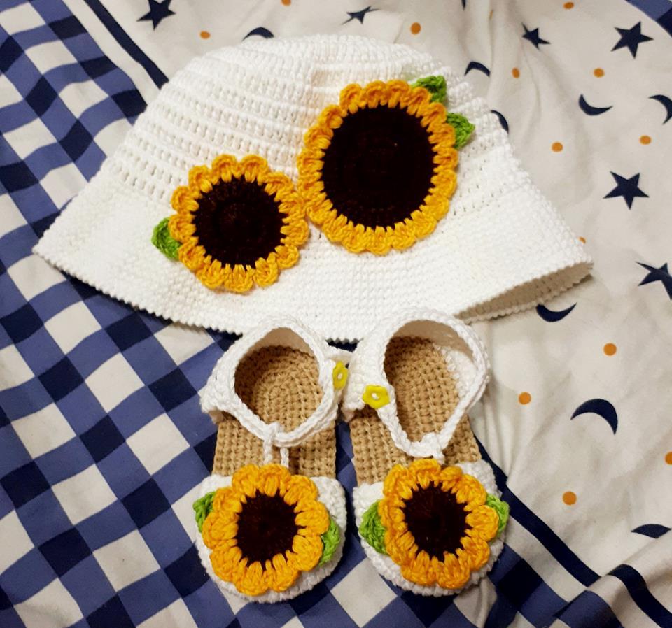 Set giày và nón len baby cho bé sơ sinh bông hướng dương-Ondo