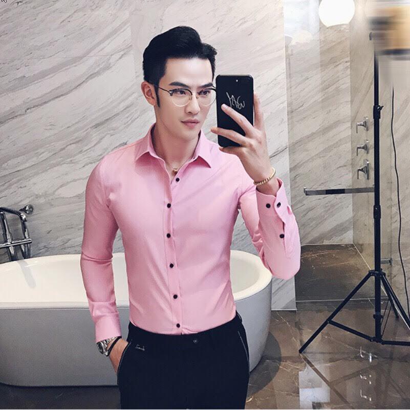 Áo sơ mi Hồng vải lụa chống nhăn, Sơ mi nam dáng ôm đẹp, so mi nam giá rẻ