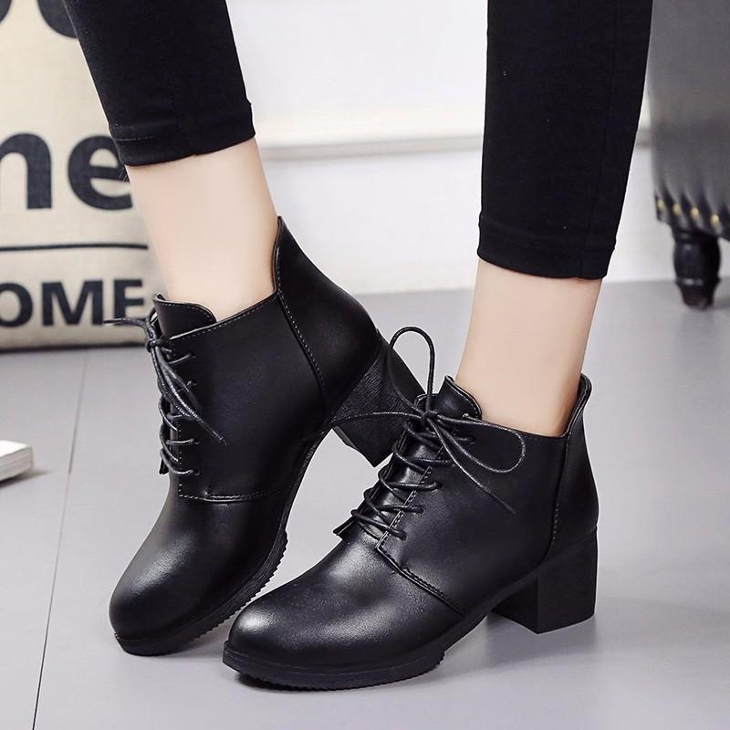 Giày boot nữ cổ thấp đế vuông Lidus HH1829 da Ý cao cấp (Màu đen)