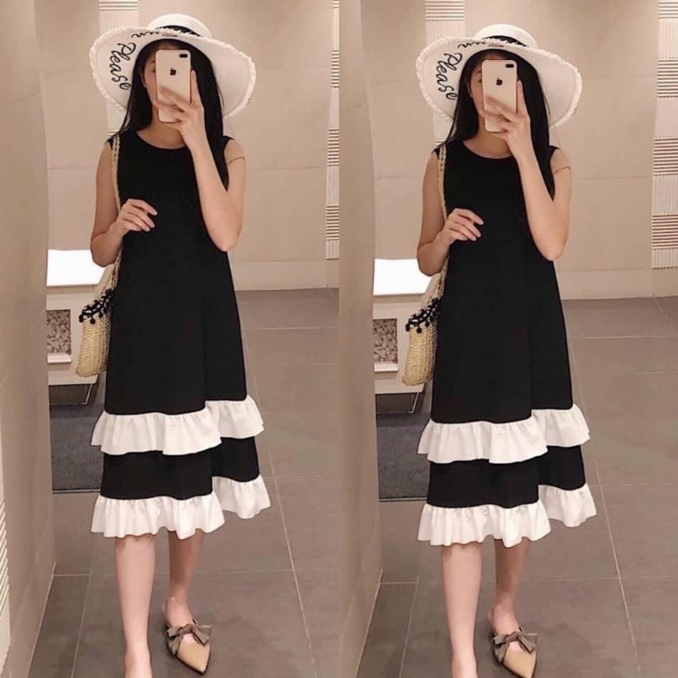 Đầm maxi bầu 2 tầng trắng đen