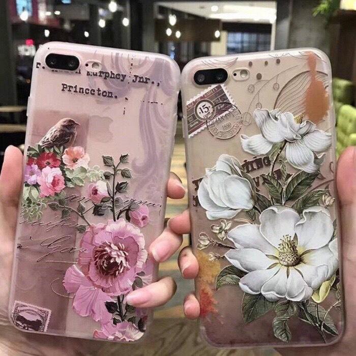 Ốp lưng điện thoại hoa châu âu iPhone 8 hoa trà hoa đào 3D quý phái sang trọng ( Ốp dẻo )