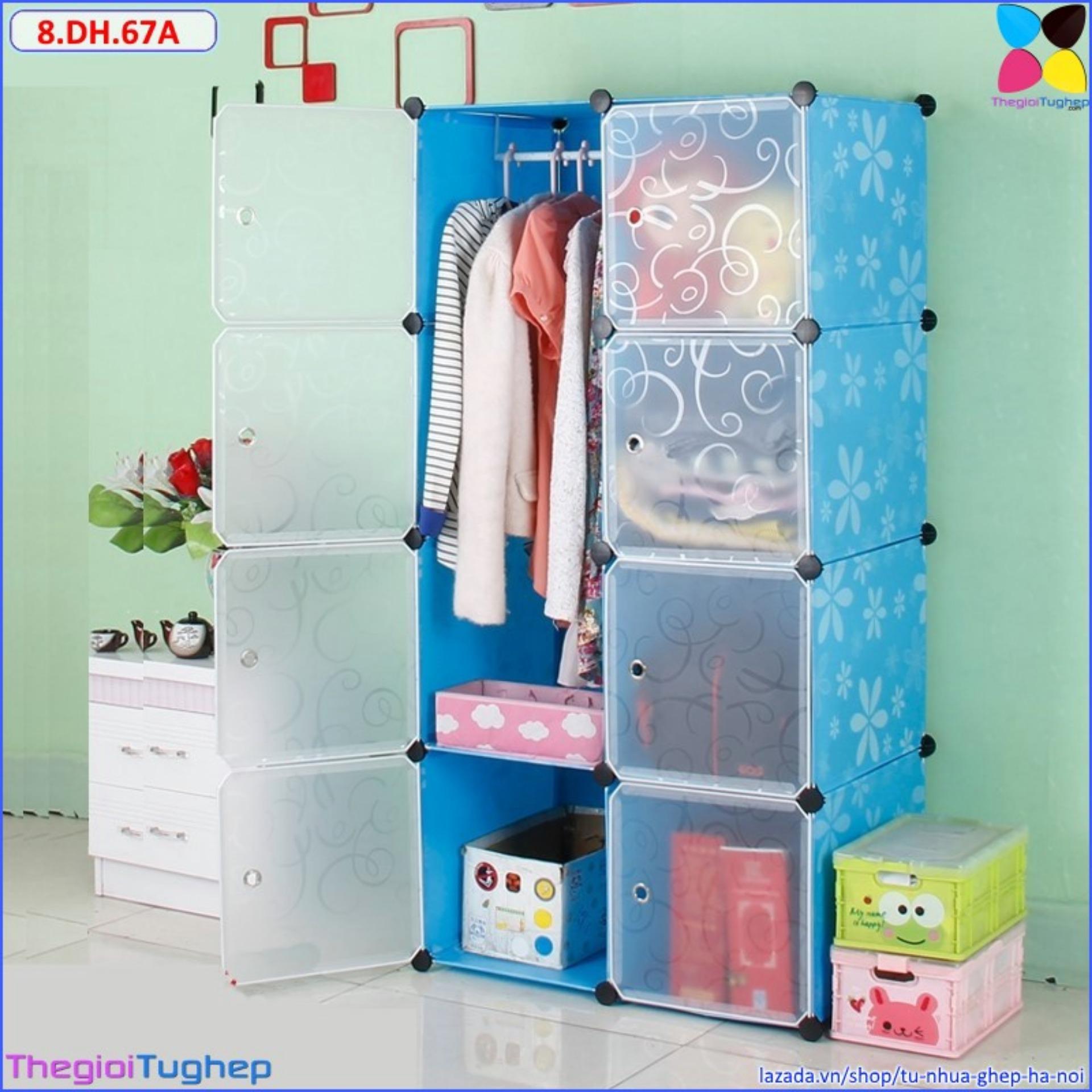 Tủ nhựa lắp ghép 8 ô xanh dương hoa cửa trắng trong 8.DH.67
