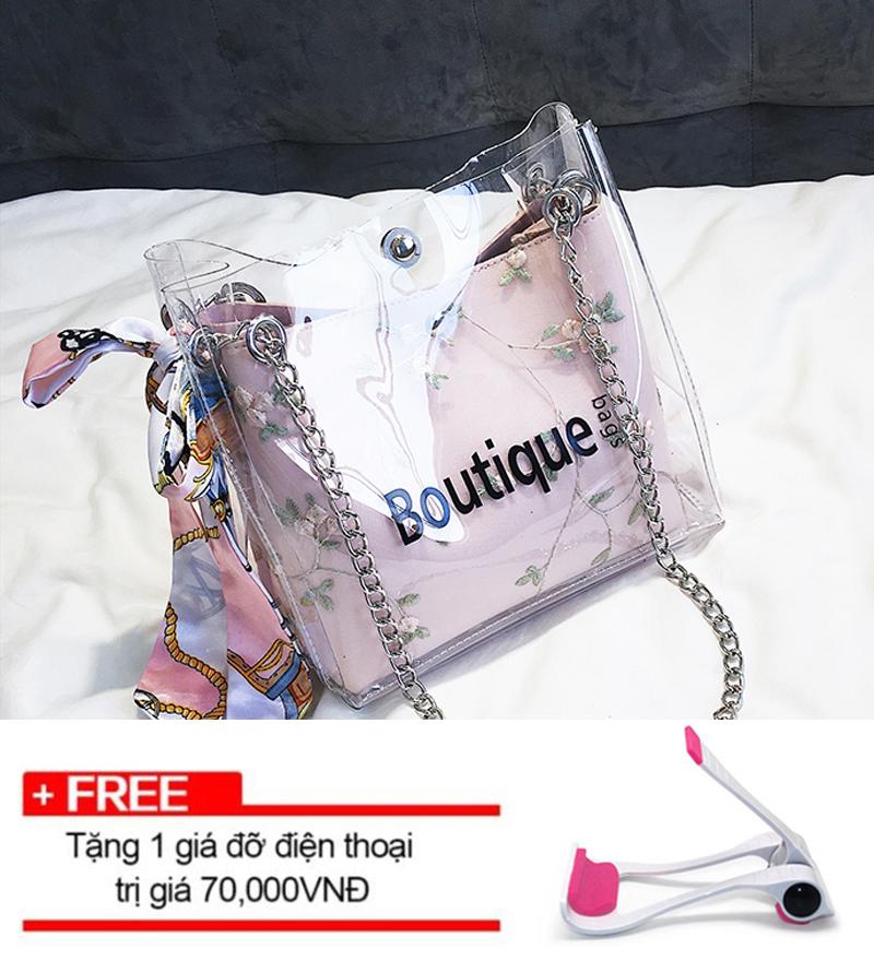 Túi xách nữ nhựa trong suốt màu hồng phấn Hot Trend 2018