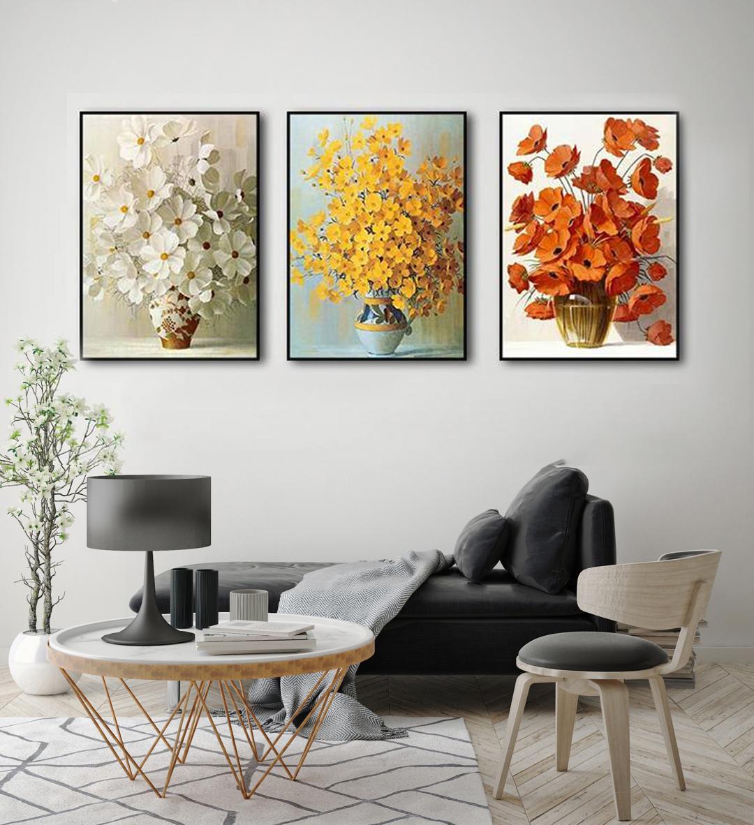 Bộ 3 tranh gỗ dán tường phòng khách Lọ Hoa 3D -Trang décor phong cách hiện đại