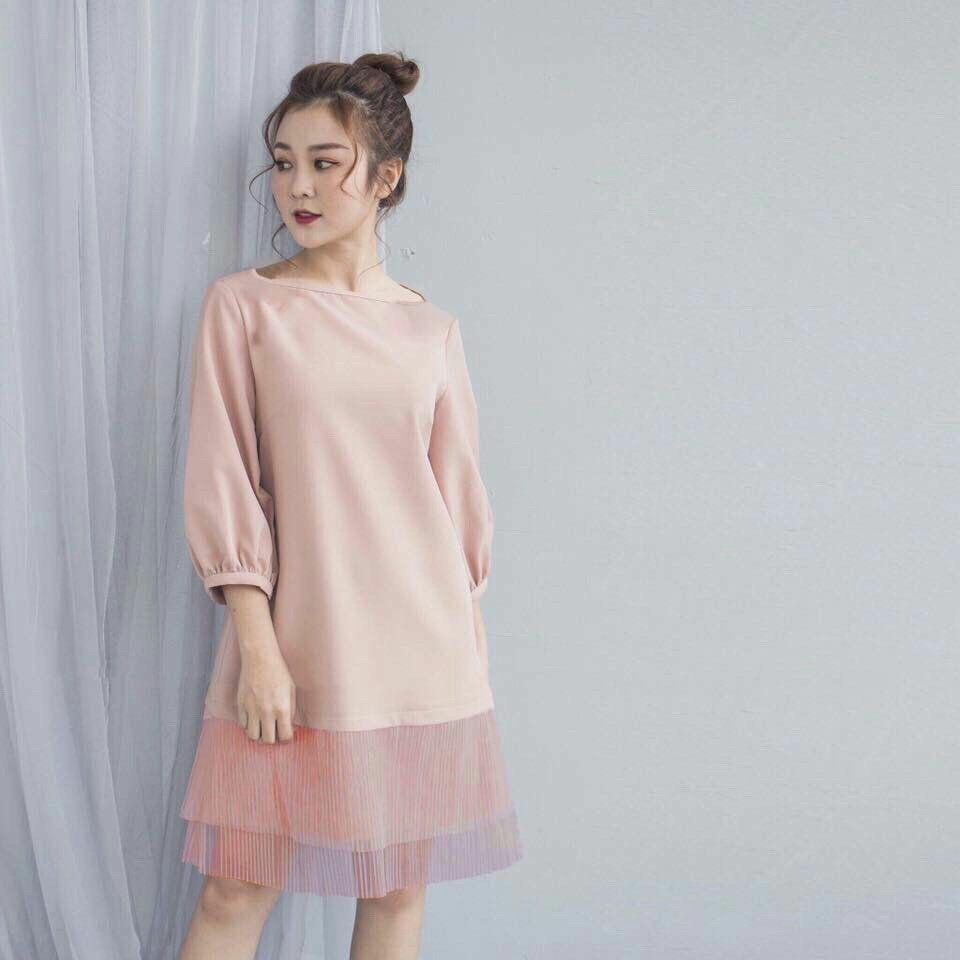 Đầm suông phối chân ren tay lỡ cao cấp siêu đẹp màu hồng phấn Pink Dress 103