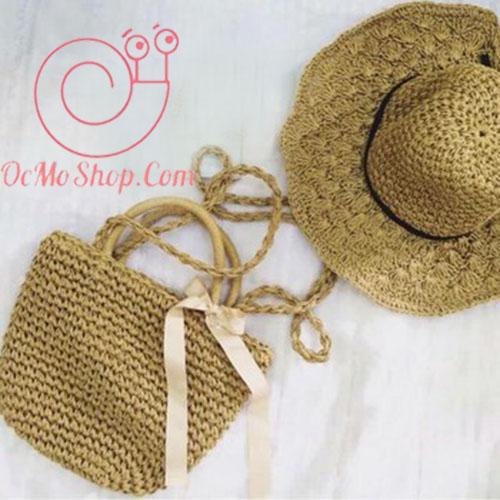 Combo tiết kiệm túi cói nơ đi biển nữ tính và nón cói đan mềm thắt dây da vintage