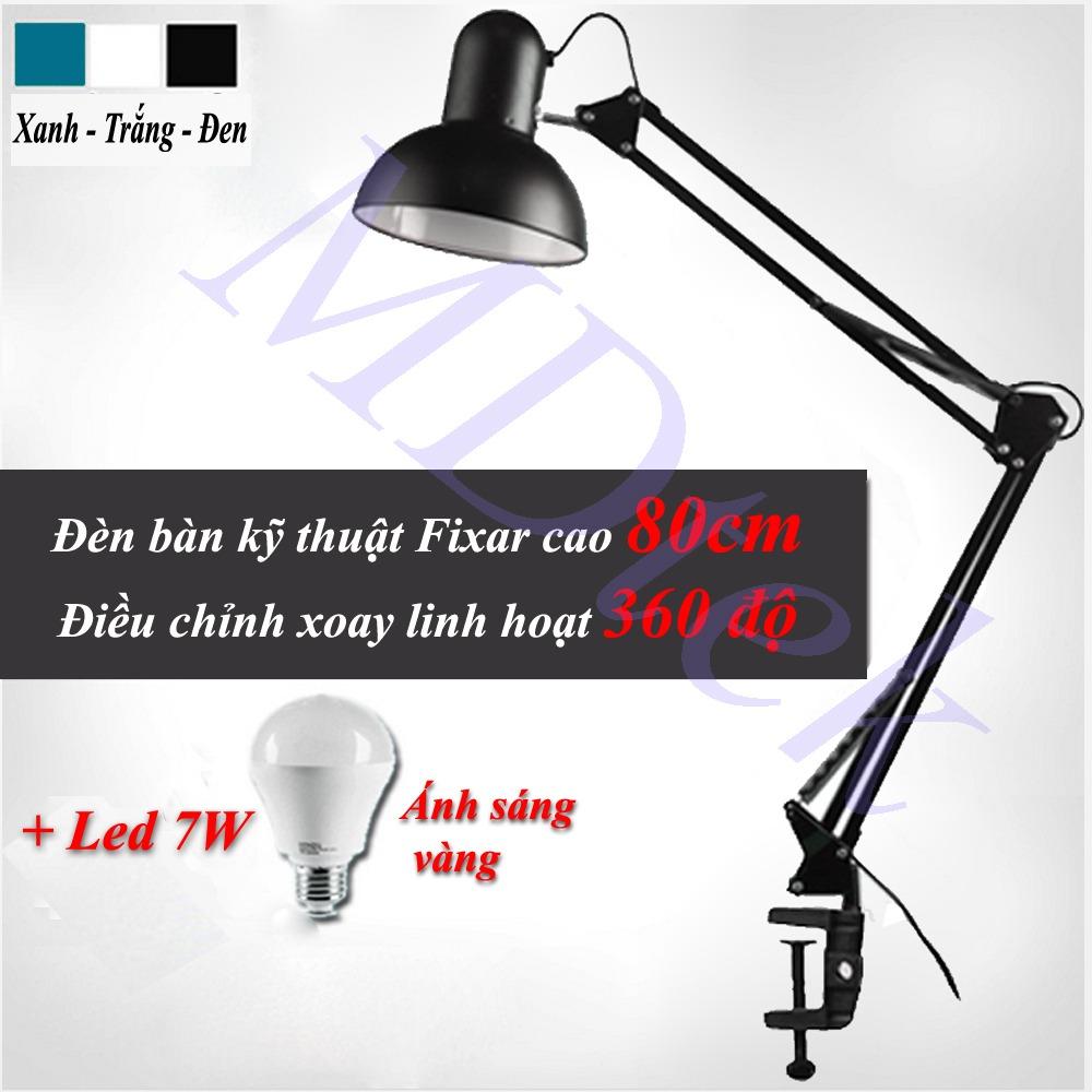 Đèn bàn kỹ thuật PIXAR học tập, làm việc (Chao lớn, thân dài) (Trắng) + tặng bóng led 7W Vàng