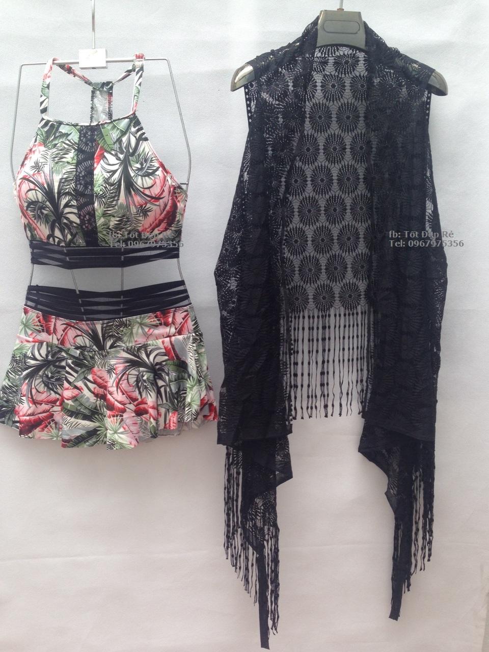 Bộ bơi áo cúp ngực croptop quần đùi và choàng ren