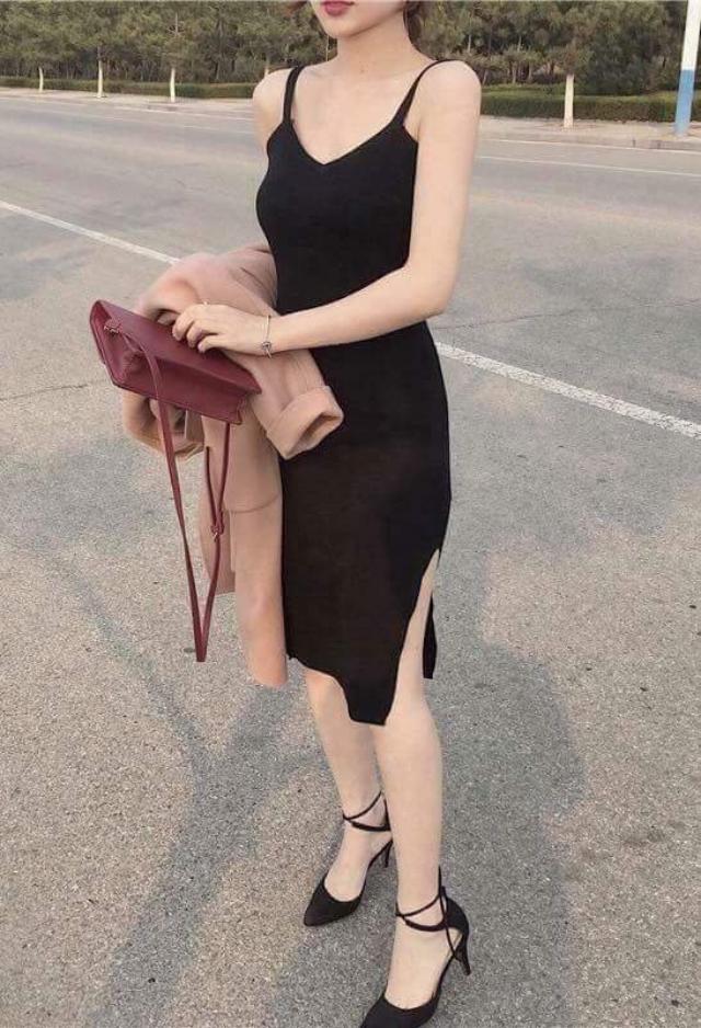 Đầm thun body 2 dây xẻ tà mys