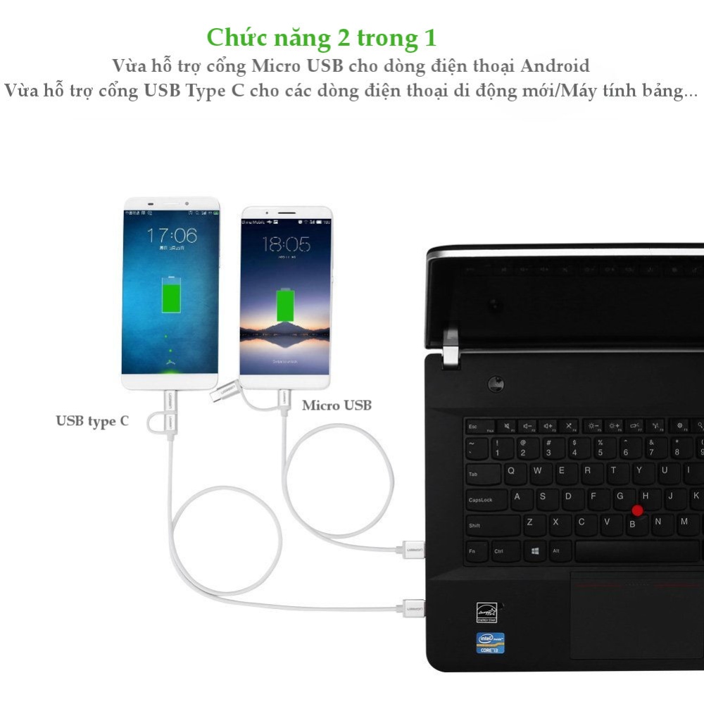 Dây sạc và truyền dữ liệu đa năng 2 trong 1 USB2.0 sang (Micro USB + đầu chuyển USB Type C) dài 0.25-2M UGREEN US177 Dây sạc và truyền dữ liệu đa năng 2 trong 1 USB2.0 sang (Micro USB + đầu chuyển USB Type C) dài 0.25-2M UGREEN US177