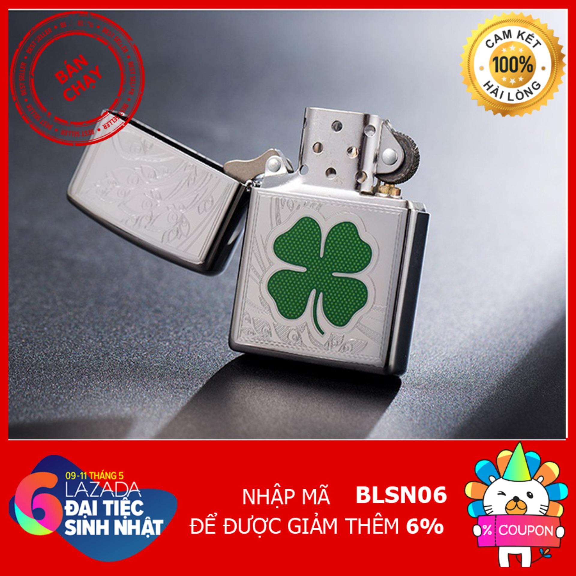 Bật Lửa Zippo Cỏ 4 Lá May Mắn (Bạc)
