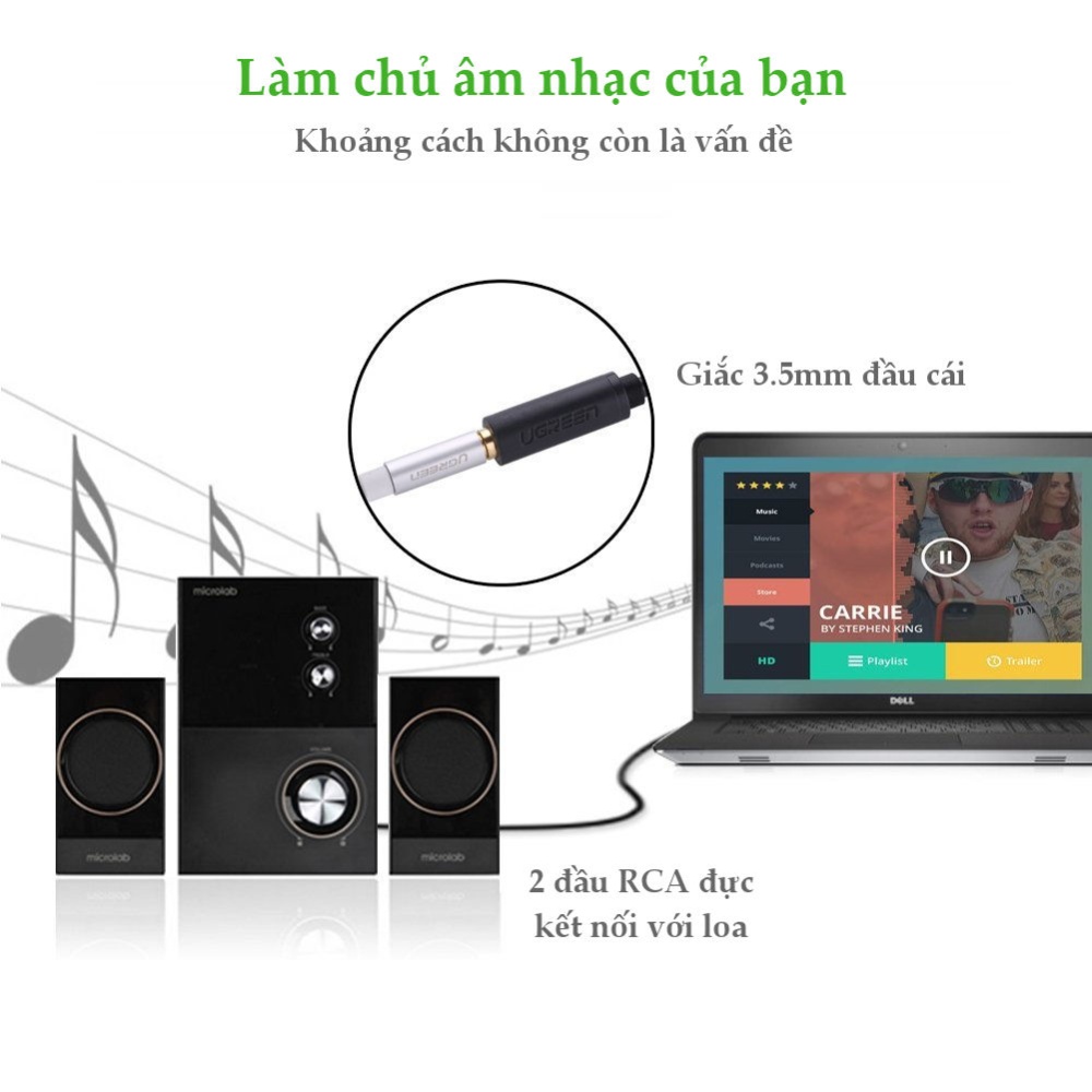 Cáp chuyển âm thanh jack 3.5mm cái sang 2 đầu hoa sen RCA đực UGREEN AV111 Cáp chuyển âm thanh jack 3.5mm cái sang 2 đầu hoa sen RCA đực UGREEN AV111