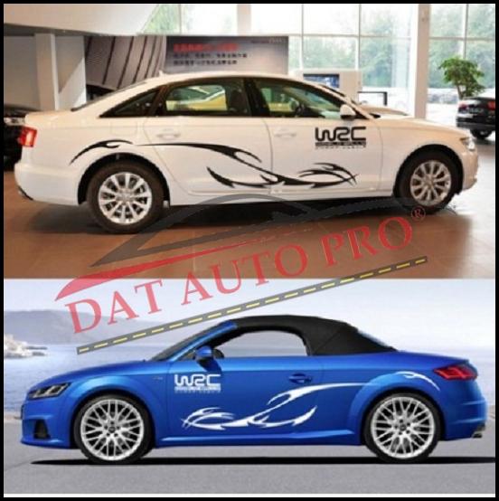 Tem dán 2 bên thân xe wrc hoa văn kéo dài màu đen cho dòng xe 5,7 chỗ.