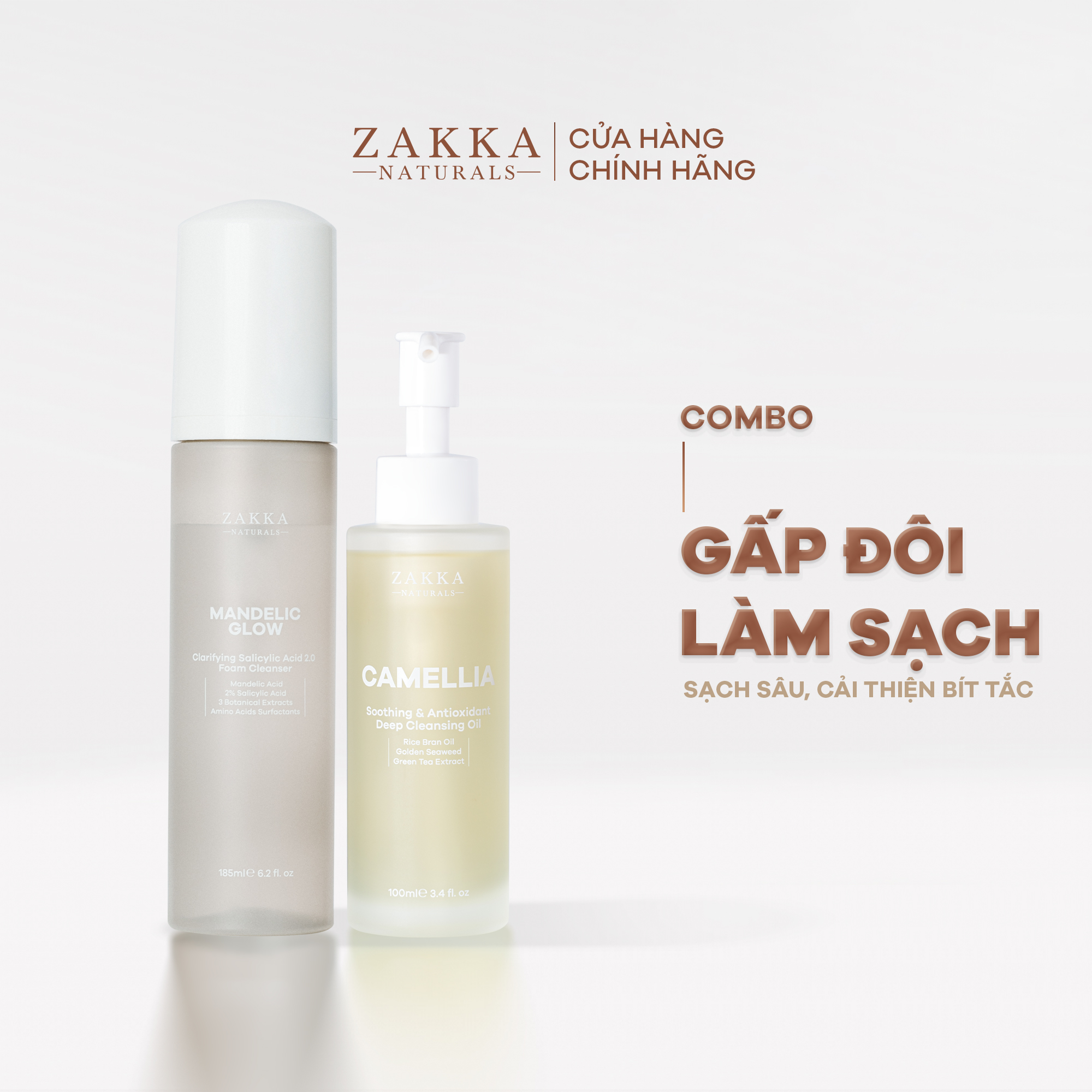  Bộ Đôi Zakka Naturals Sữa Rửa Mặt Mandelic 185ml và Dầu Tẩy Trang 100ml Làm Sạch Gấp Đôi 