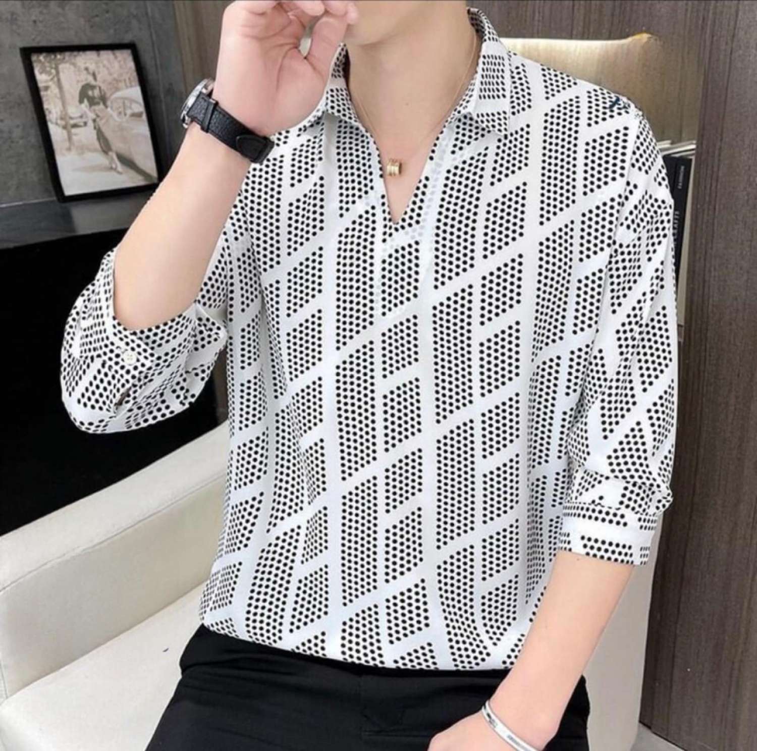 ÁO SƠ MI NAM TAY LỬNG HỌA TIẾT CHẤM BI NHẸ NHÀNG