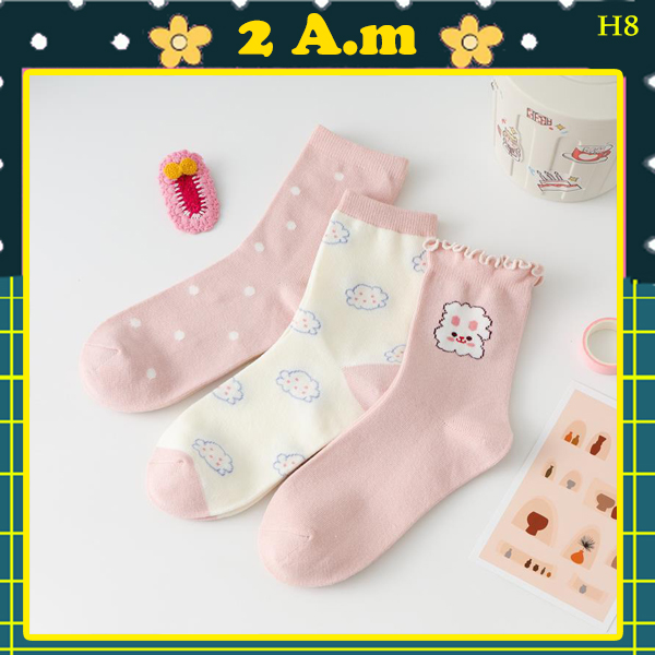 Tất Vớ Cổ Cao Thời Trang Nam Nữ Họa Tiết Mặt Cổ Bèo Tone Hồng  Unisex Style Hàn Quốc