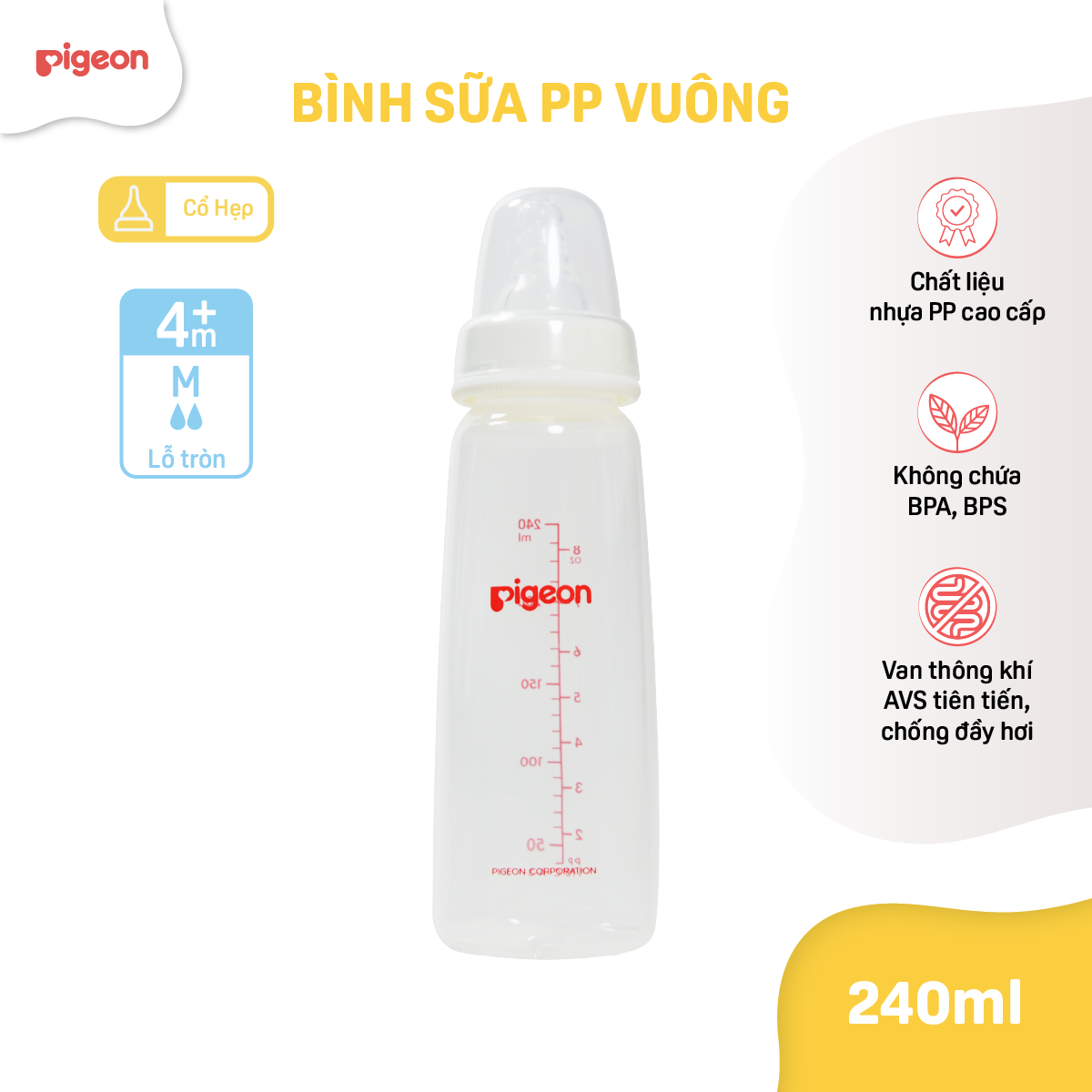 Bình sữa cho bé Pigeon cổ hẹp nhựa PP cao cấp 240ml (M) núm ti siêu mềm chống sặc chống đầy hơi cho trẻ sơ sinh chính hãng