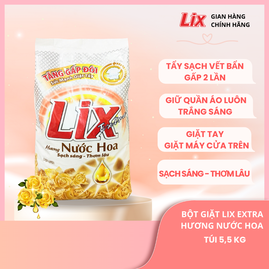Bột giặt Lix Extra hương nước hoa 5.5kg EH554 tăng gấp đôi sức mạnh giặt tẩy quần áo sạch thơm lâu cho giặt tay máy - Lixco Việt Nam