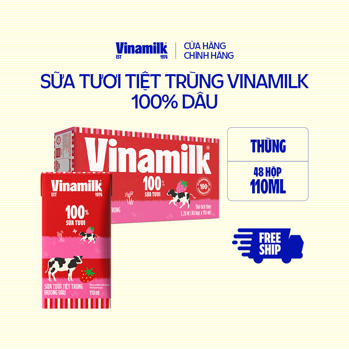 Thùng 48 hộp sữa tươi tiệt trùng Vinamilk 100% Hương Dâu 110ml