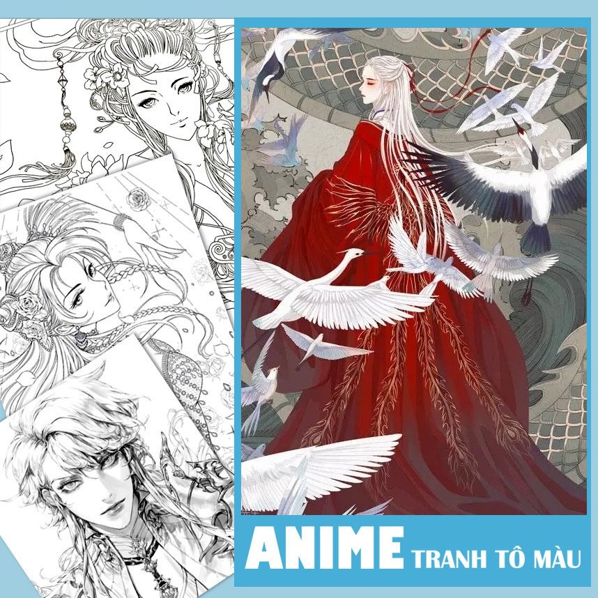 Tranh tô màu chì, màu nước Anime khổ A4, ngẫu nhiên