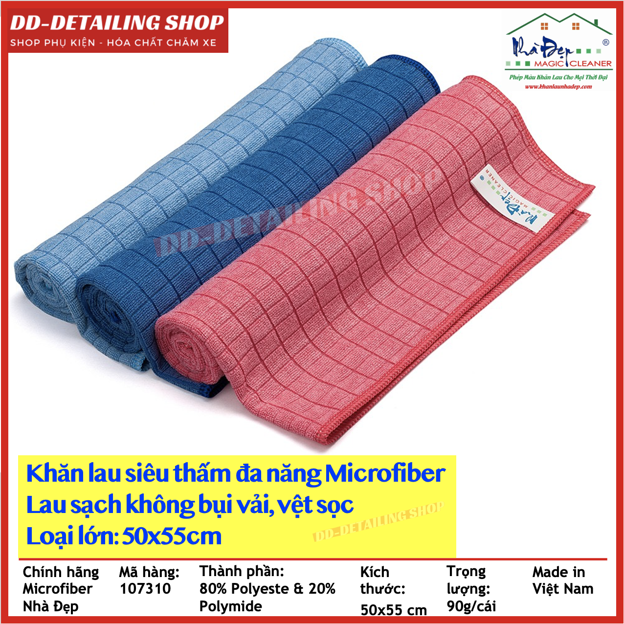 Khăn Microfiber lau đa năng, khăn lau xe hơi, size 50x55cm bằng sợi Microfiber chính hãng Nhà Đẹp, lau sạch nhanh, mềm mịn, không gây trầy xước