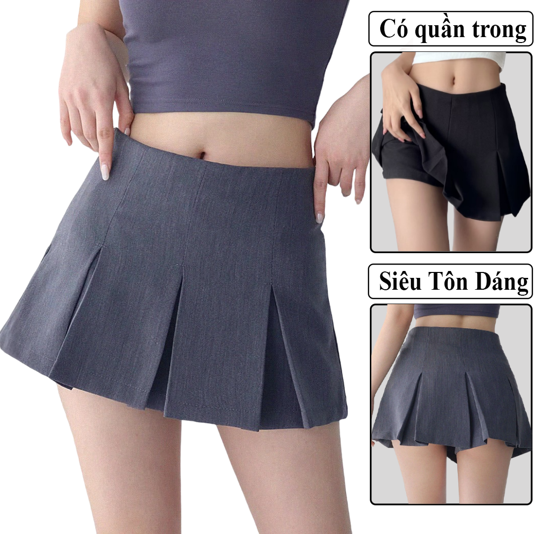 Chân váy xếp ly xòe tà MADELA vải dày dặn lưng cao phong cách Hàn Quốc, Váy Tennis Xếp Ly Hộp Ngắn Dáng Xòe