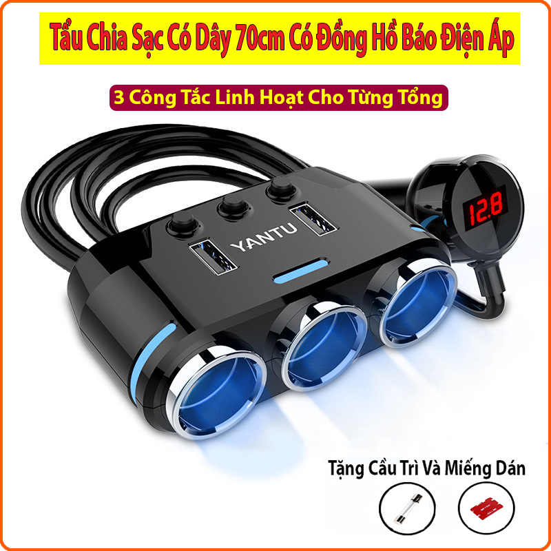 Bộ chia tẩu sạc ô tô, xe hơi cao cấp 3 tẩu loại tẩu cắm - 2 cổng USB sạc nhanh YANTU- có công tắc linh hoạt, tặng kèm cầu chì dự phòng và miếng dán cố định 3M- THE S SHOP