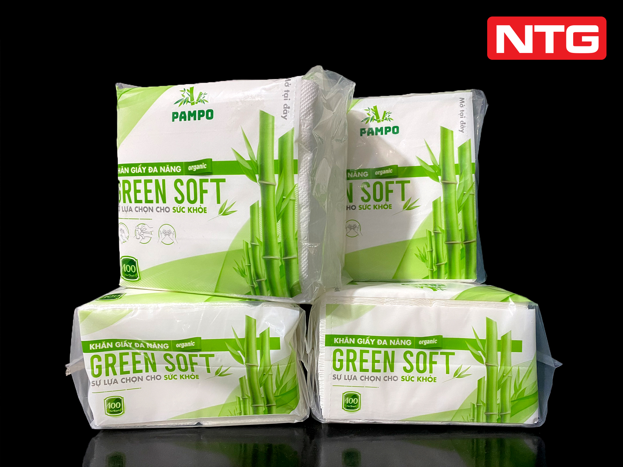 Combo 10 gói khăn giấy vuông pampo green soft , 100 tờ giấy lớn gấp làm 4, giấy to và mịn dễ dàng lau chùi, giá tốt