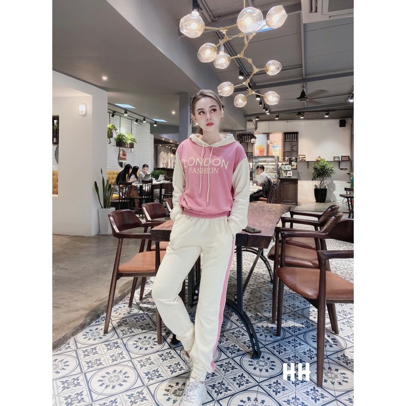 Đồ bộ thể thao nữ, bộ thu đông dài tay có mũ phối màu in chữ london 2 màu