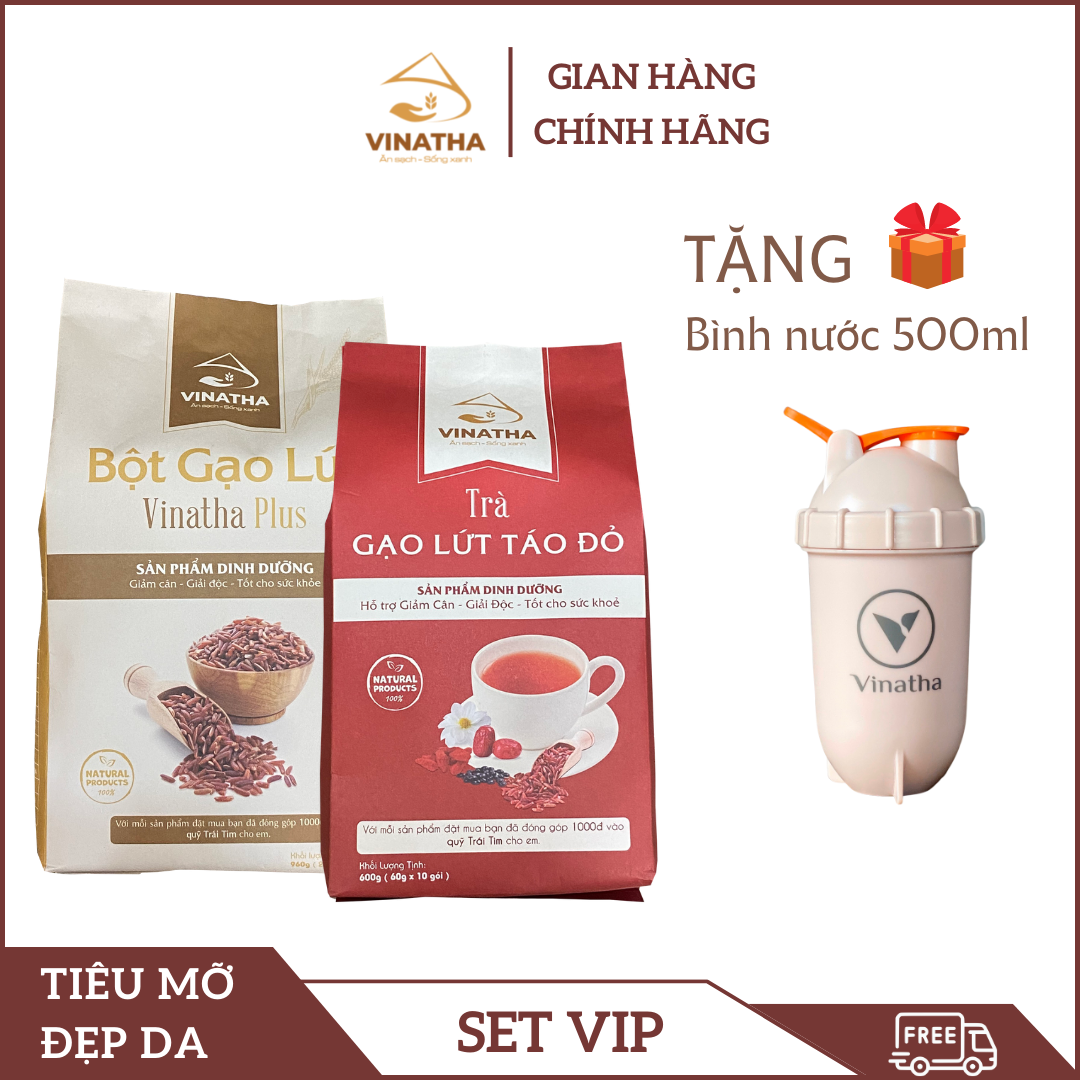 Combo bột gạo lứt ăn kiêng giảm cân vinatha plus + trà gạo lứt táo đỏ