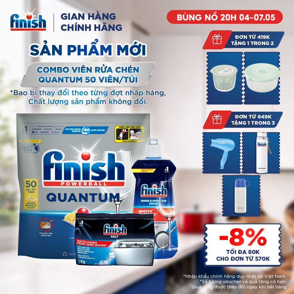 Combo Finish: Viên Rửa Chén Bát Finish Powerball Quantum 50 viên + Nước Làm Bóng 500ml + Muối Rửa Chén Bát 1kg