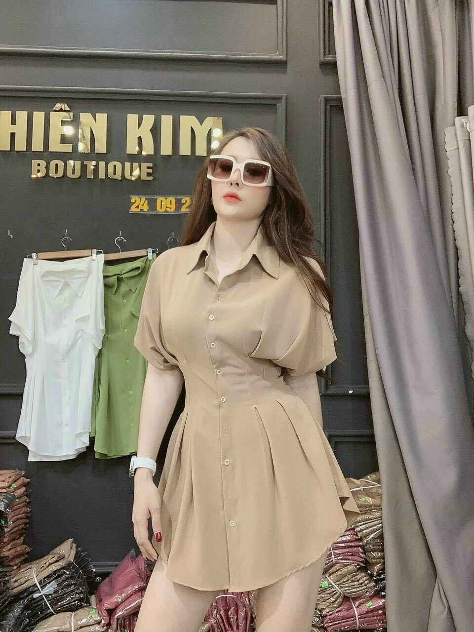 Đầm sơ mi tay lỡ cài nút chiết eo kèm quần cực xinh -qa store2020