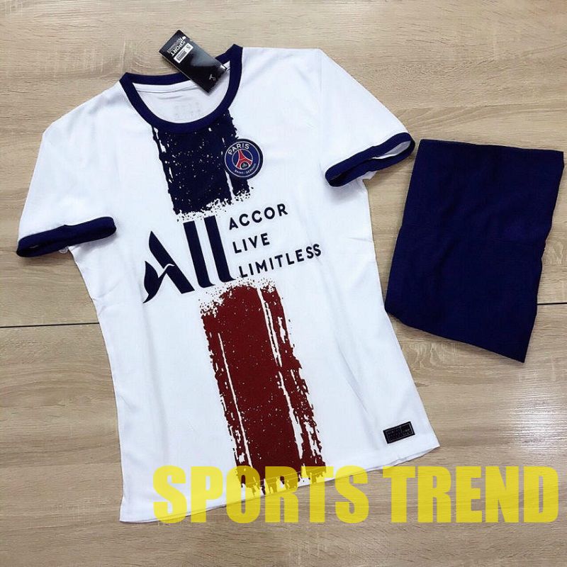 Bộ Áo Bóng Đá Paris Saint German (PSG) Trắng Nhám Xanh Đỏ Vải Dệt Kim - Bộ Quần Áo Bóng Đá Nam PP Bởi Sports Trend CPSG1201