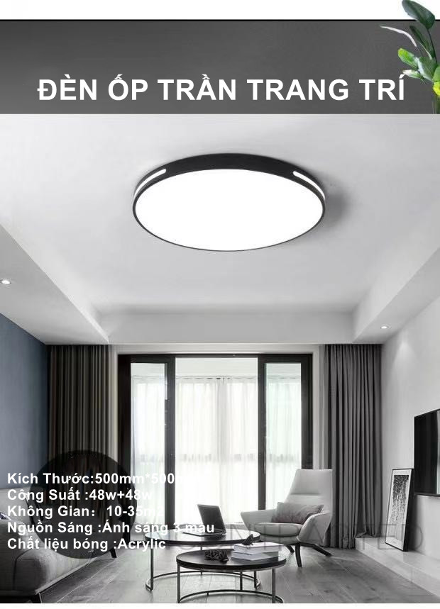 Đèn led ốp trần 3 màu tròn viền kép trang trí phòng khách phòng ngủ. Kích thước: 500mm * 500mm,Công suất: 48w+48w