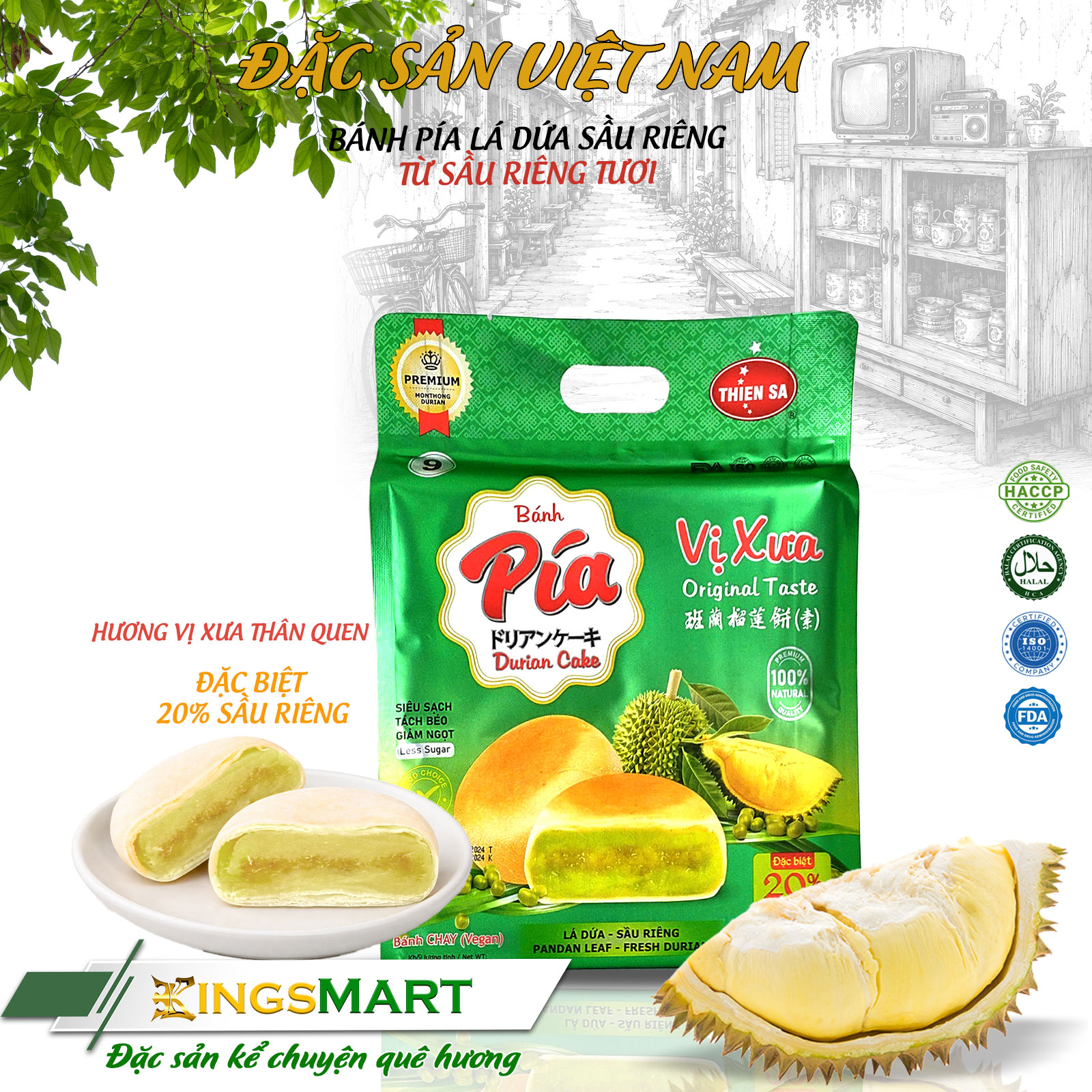[Xóm nhà xưa] Bánh pía chay lá dứa sầu riêng - Thương Hiệu THIÊN SA - Túi 400g/4 bánh - Kingsmart