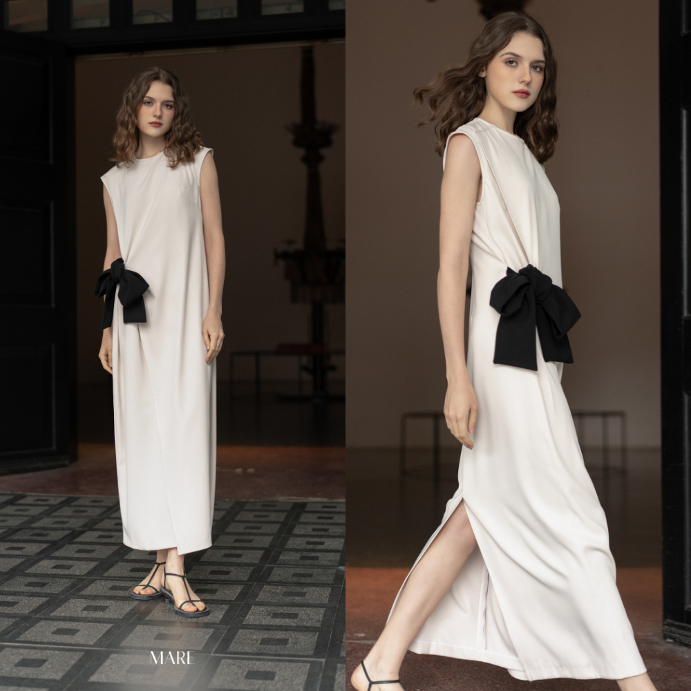 Mare váy suông tay chờm màu trắng nơ đen leah