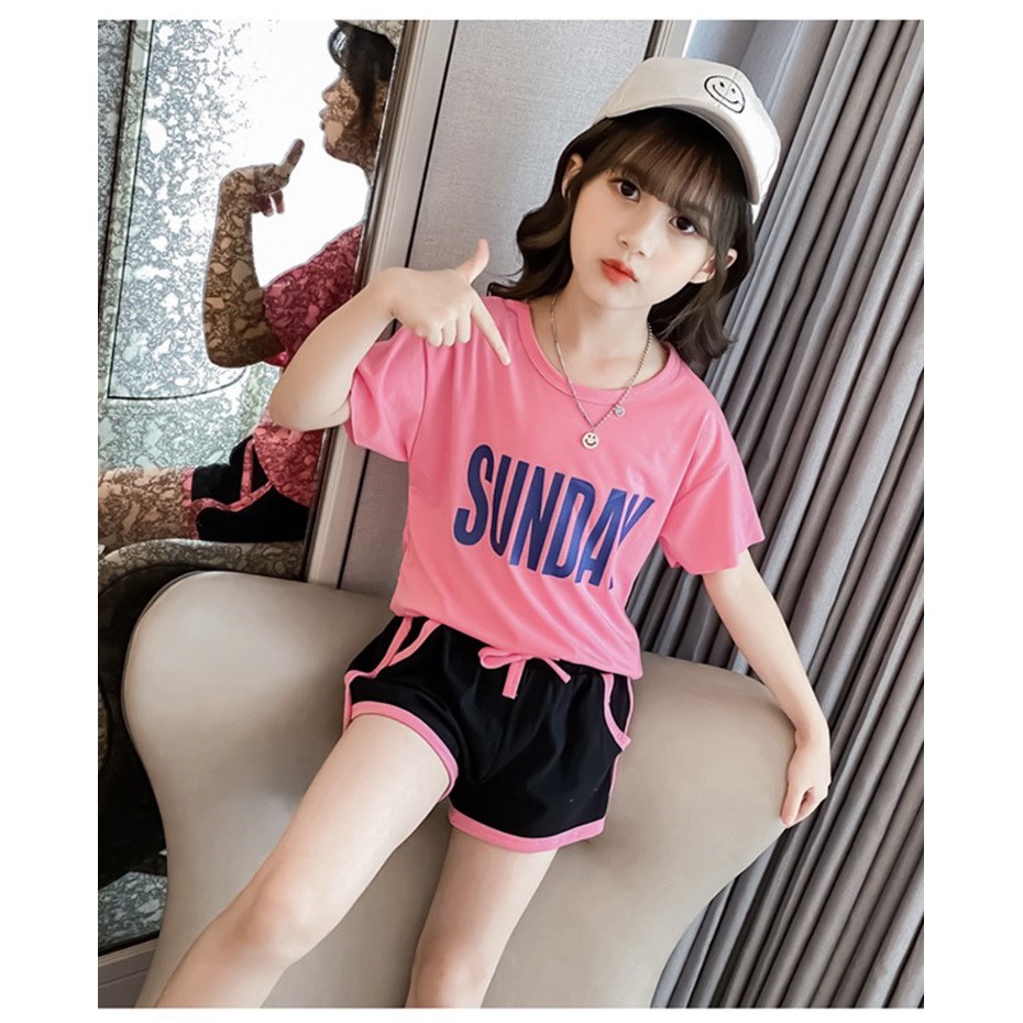 Set bộ quần áo trẻ em mùa hè cho bé gái từ 14-46kg in SUNDAY vải cotton mền mịn