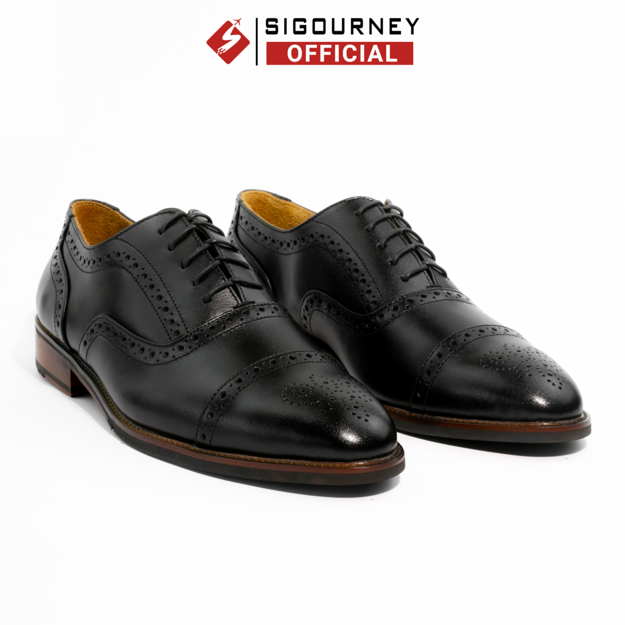 Giày Tây Nam Đế Phíp Gỗ Cao Cấp Họa Tiết Đục Lỗ Brogues SIGOURNEY Màu Đen Trơn SCC-03 Bảo Hành 18 Tháng