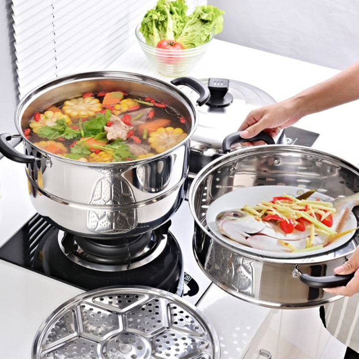 [NỔI SIZE LỚN] - NỒI HẤP 3 TẦNG INOX CAO CẤP - NỒI HẤP CÁCH THUỶ ĐA NĂNG TIỆN DỤNG CHO MỌI NHÀ BẾP
